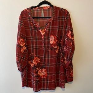 Red Plaid & floral Tunic with chest pocket & sleeve tab.